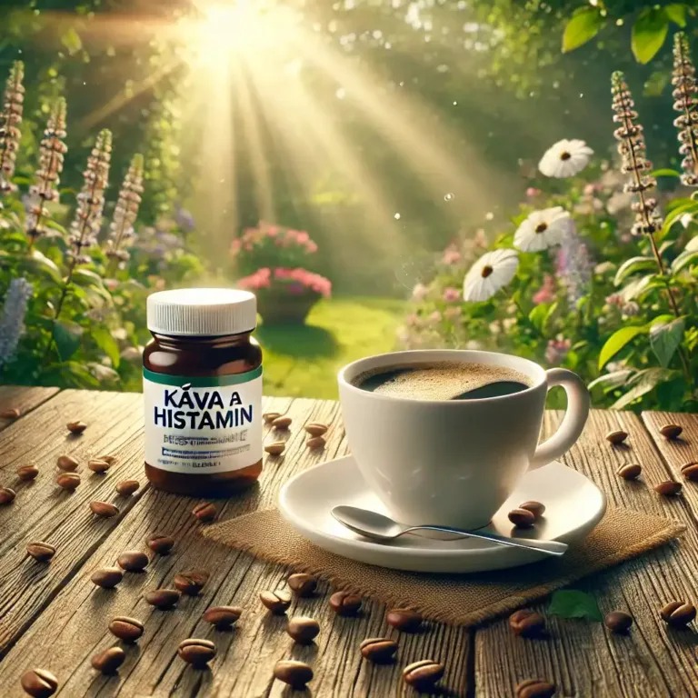 Šálek kávy na venkovním stole v zahradě s kávovými zrníčky a sklenicí označenou "Histamine
