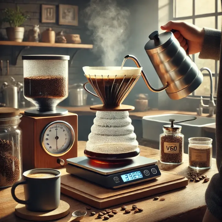 Příprava pour-over kávy v útulné kuchyni. Osoba nalévá horkou vodu z konvice s dlouhým hrdlem do Hario V60 dripperu, umístěného na digitální váze. V pozadí jsou dřevěné kuchyňské linky, mlýnek na kávu, sklenice s kávovými zrny a šálek připravený na hotovou kávu. Pára stoupá z čerstvě připravené kávy, kterou osvětluje přirozené světlo z okna.