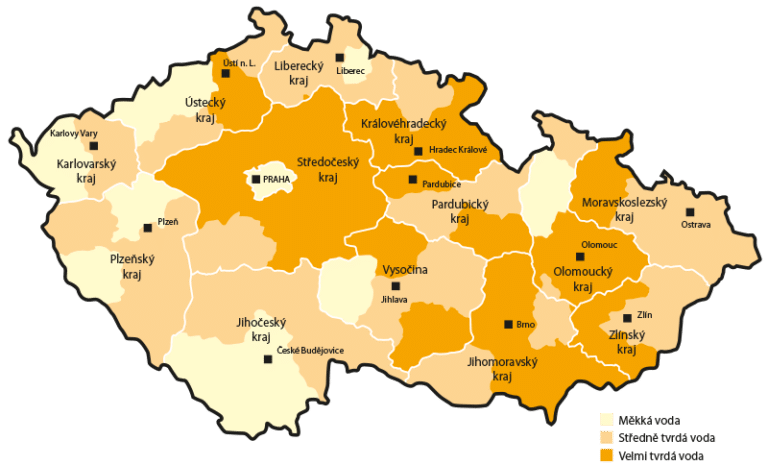 mapa tvrdosti vody v jednotlivých krajích České republiky