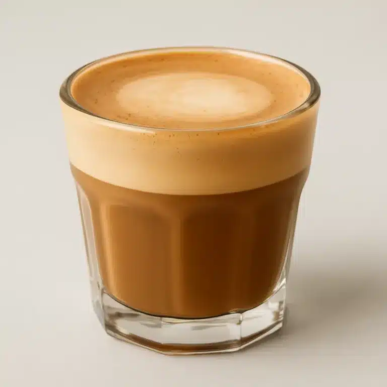 Cortado – kávový nápoj s mléčnou pěnou ve sklenici