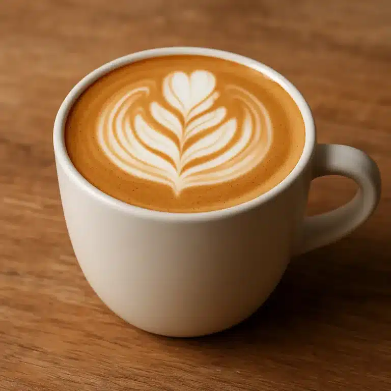 Flat white s latte art ve tvaru tulipánu v bílém šálku na dřevěném stole