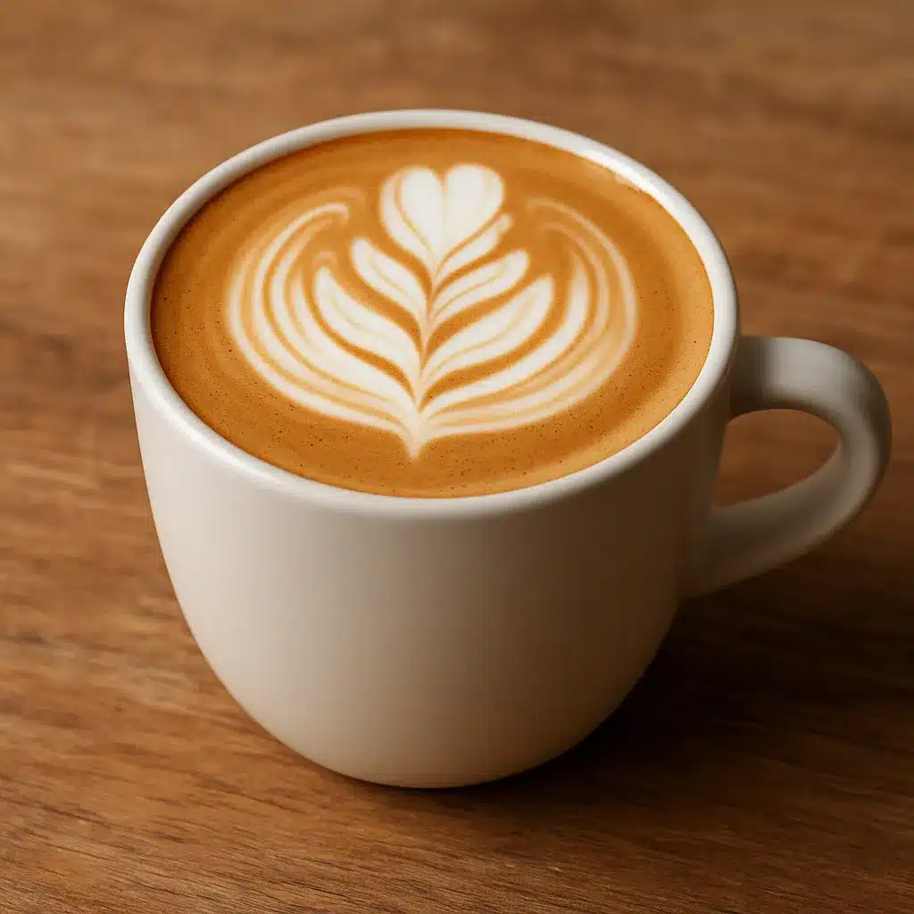Flat white s latte art ve tvaru tulipánu v bílém šálku na dřevěném stole