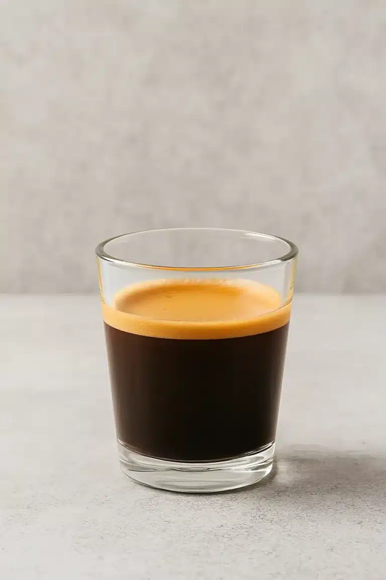 šálek kávy lungo s jemnou cremou v průhledné sklenici