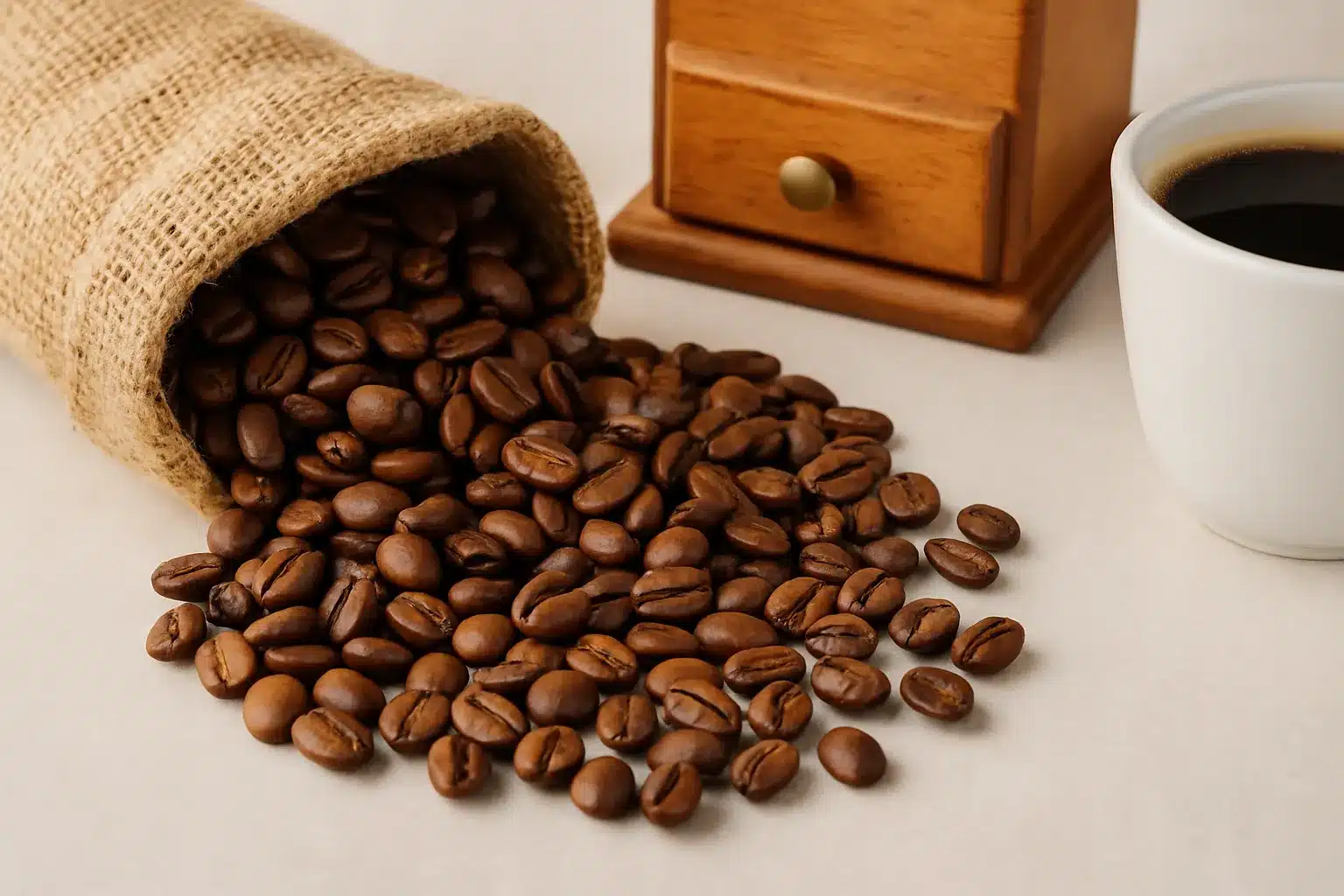 Rozsypaná pražená zrnková káva z jutového pytlíku, vedle šálku černé kávy a mlýnku