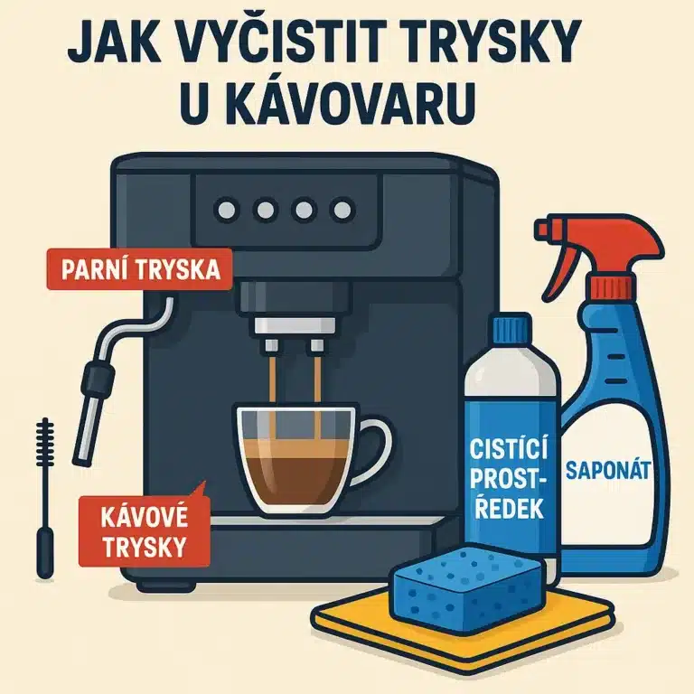 jak vyčistit parní a kávové trysky u kávovaru – ilustrace s pomůckami