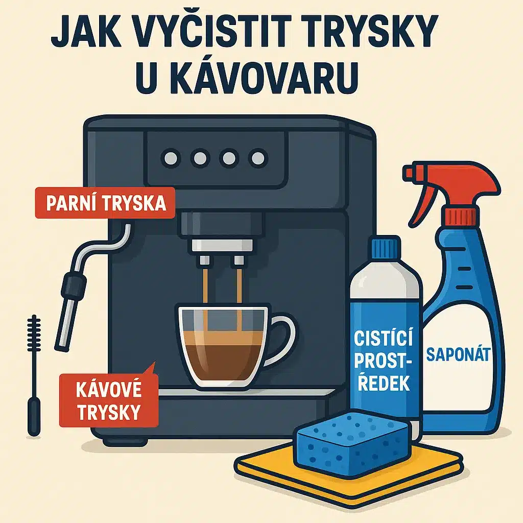jak vyčistit parní a kávové trysky u kávovaru – ilustrace s pomůckami