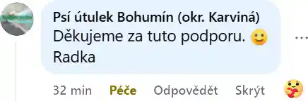 snímek komentáře z facebooku od psího útulku bohumín s poděkováním za podporu