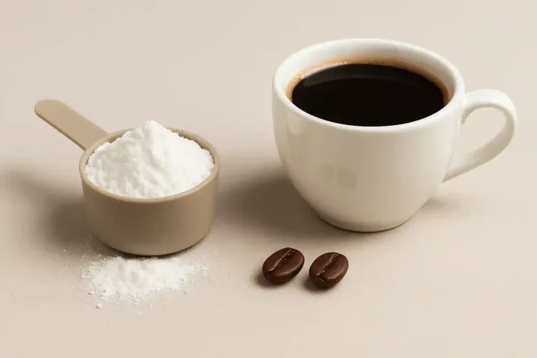 Kreatin a káva šálek s práškem a kávovými zrny