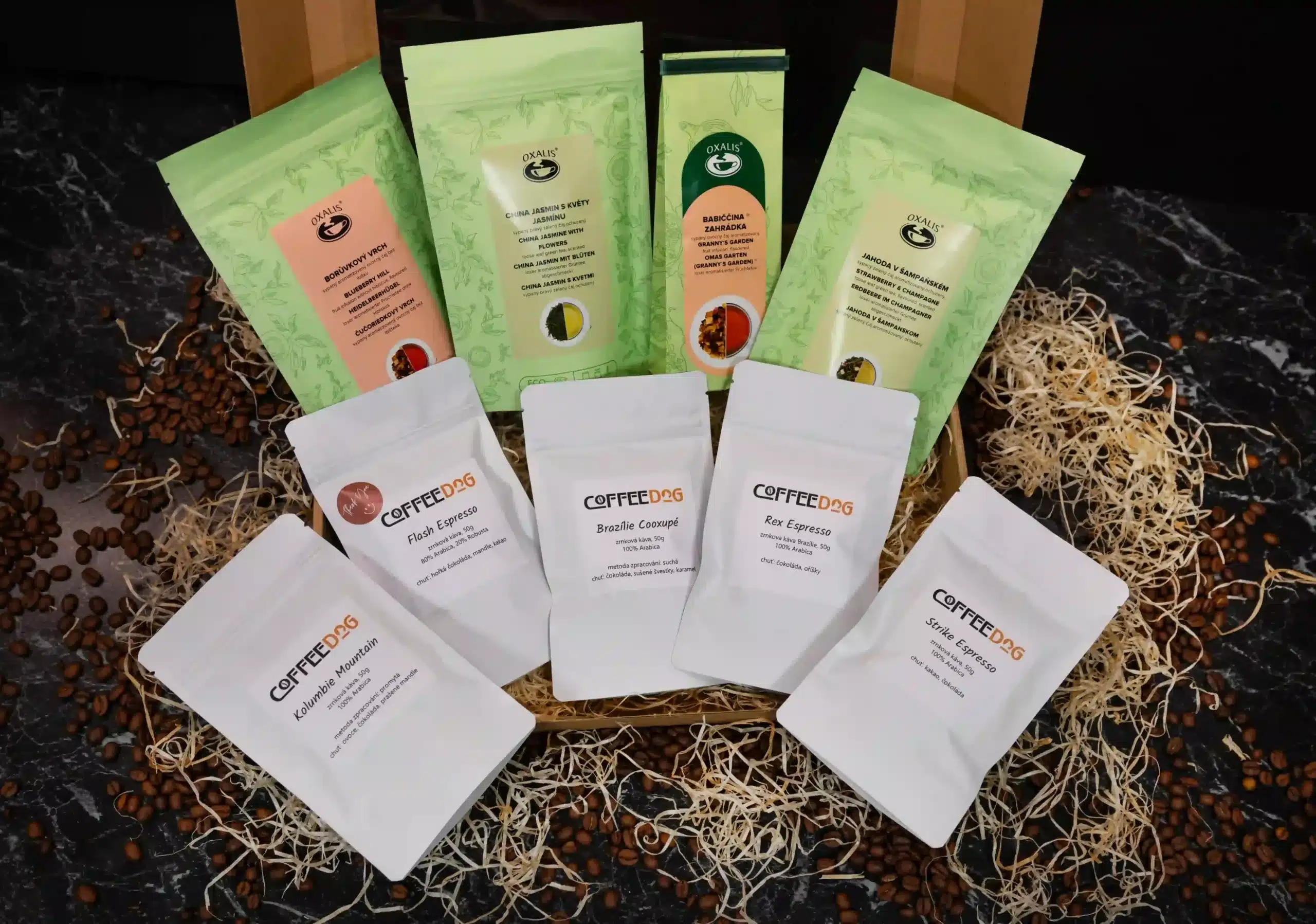 Obsah dárkového balení Premium Coffeedog a Oxalis