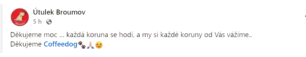 Poděkování Coffeedog od útulku Broumov za finanční pomoc