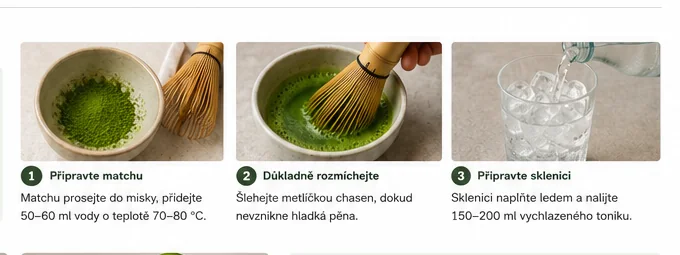 Příprava matcha tonic – matcha, chasen a tonic s ledem