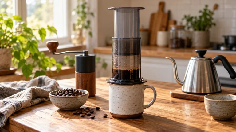 Příprava kávy v AeroPressu na keramickém hrnku vedle mlýnku a konvice