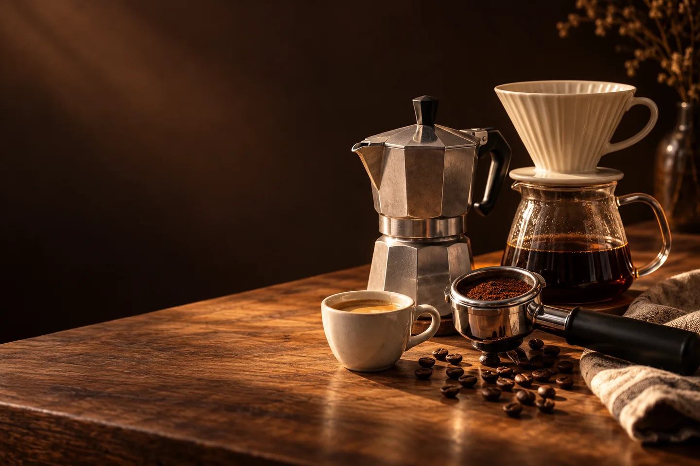 Moka konvička, filtr a espresso